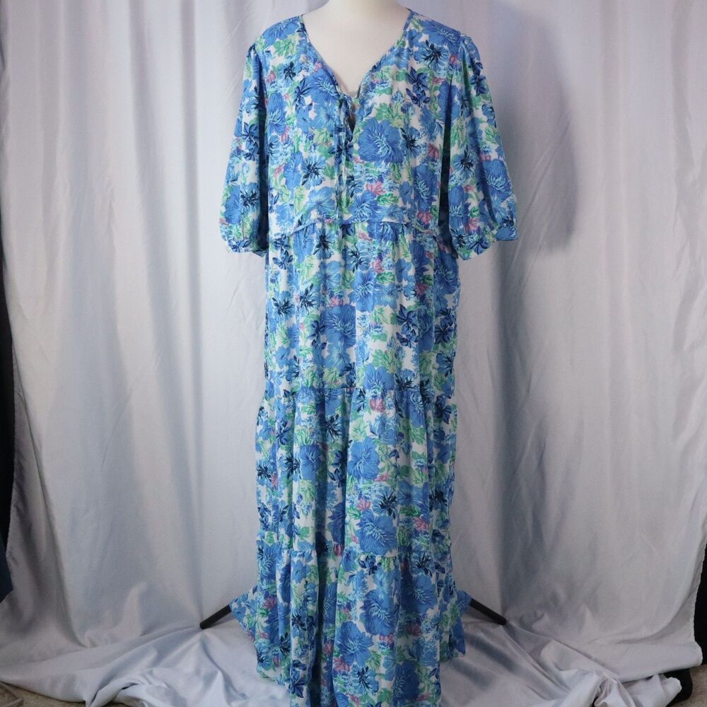 Light Blue Floral Tiered Maxi Dress with V-Neck